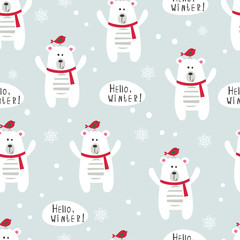 Winter seamles pattern with polar bears and birds