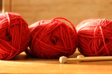 wolle, rot, drei, stricknadeln, hobby