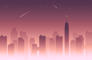 Fototapeta na wymiar Vector simple city landscape with silhouettes of high buildings and purple sky with falling stars - seamless background