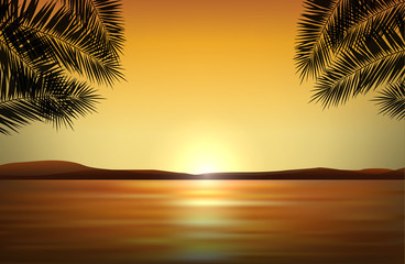 Vector realistic landscape with sunset by the sea in tropical paradise and silhouettes of palms