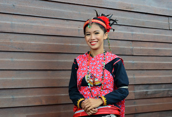 Portrait of Beautiful Malaysia Borneo Native Girl in Traditional Costumes.