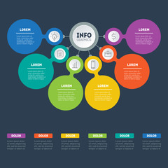 Business presentation or infographics concept with 6 options.Web Template of a info chart or diagram. Vector infographic template of technology or education process with 6 parts on dark background.