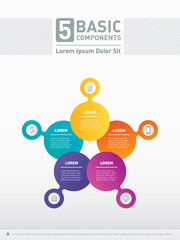 Vector infographic. 5 basic components of business, technology or education process. Business concept with 5 options. Part of the report with icons set.  Web Template of a circle chart.