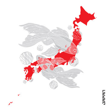 Japanese fish for t shirt printing. Vector illustration. Embroidered fishes over the silhouette of Japan.