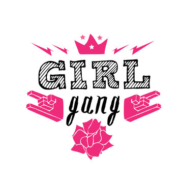 PrGirl Gang - fashion badge. Rose with crown for rock girl gang. Vector design element, sticker or pin in vintage punk style. T-shirt apparels cool print for girls.int