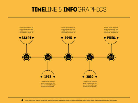 Timeline infographic with icons looks like buttoms. Time line of Social tendencies and trends graph. Business concept with options, parts, steps or technology processes. Company's development.