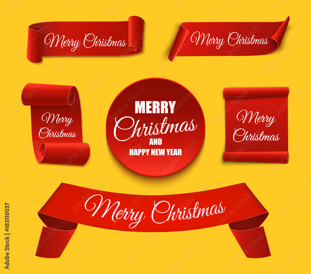 Poster christmas banners isolated. set of red scrolls. vector template