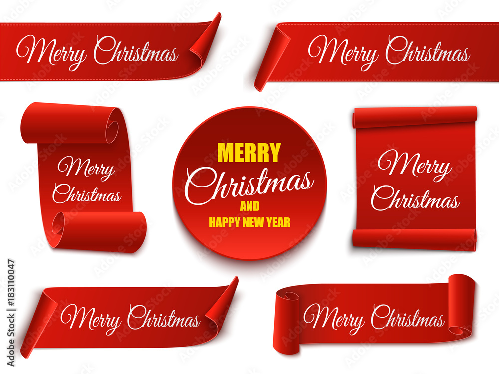 Poster christmas banners isolated. set of red scrolls. vector template