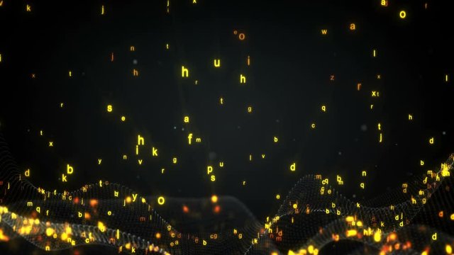 Cyber wave with random letters. Abstract science fiction concept. Seamless loop 3D animation rendered with DOF 4k (4096x2304)
