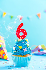 Sixth 6th birthday cupcake with candle blow out.Card mockup.