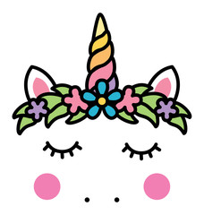 Minimalistic unicorn face with floral wreath