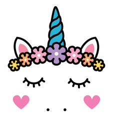 Cute unicorn face with pastel rainbow flowers isolated