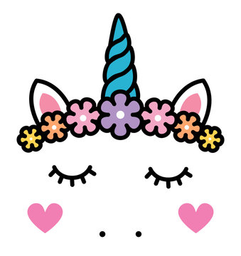 Cute unicorn face with pastel rainbow flowers isolated Stock Vector | Adobe  Stock