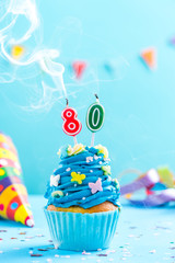 Eightieth 80th birthday cupcake with candle blow out.Card mockup.