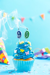 Ninetieth 90th birthday cupcake with candle blow out.Card mockup.