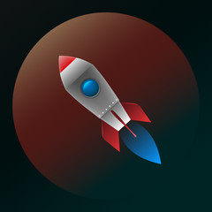 Flying rocket with fire on a planet background