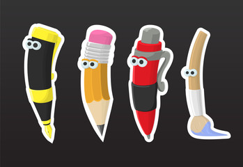 A set of school supplies: ballpoint pen, pencil, fountain pen, brush