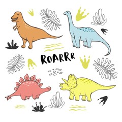 Vector collection of cute hand drawn dinosaurs, including T-rex, Pterodactyl, Brachiosaurus and Triceratop, isolated on white.