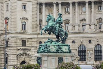 Fototapeta na wymiar Equestrian statue (1865) of Prince Eugene of Savoy (general of the Imperial Army and statesman of the Holy Roman Empire) in front of Hofburg palace. Vienna, Austria.
