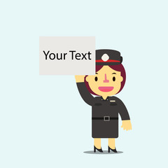Thai woman police holding white empty board for your text vector. Flat cute woman police character vector.Cop vector