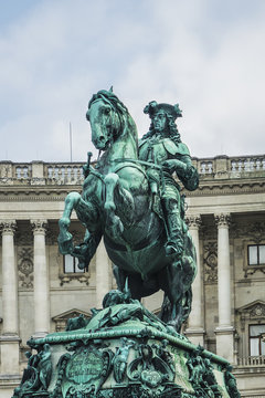 Equestrian statue (1865) of Prince Eugene of Savoy (general of the Imperial Army and statesman of the Holy Roman Empire) in front of Hofburg palace. Vienna, Austria.