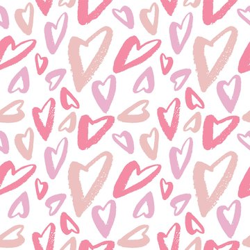Hand drawn texture. Hearts, brush strokes, seamless pattern made with ink. Artistic fabric pattern. Valentine's day background