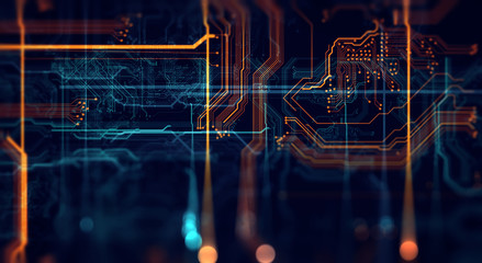 Printed circuit board in the server  executes the data/Abstract technological background made of different element printed circuit board. Depth of field effect and bokeh