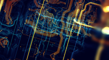Printed circuit board in the server  executes the data/Abstract technological background made of different element printed circuit board. Depth of field effect and bokeh