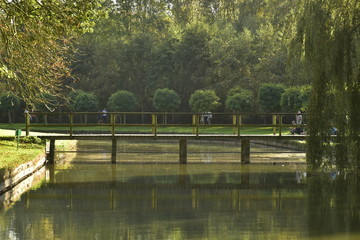 Le pont en bois à contre-jour au chenal principal du Vrijbroekpark à Malines