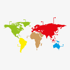 World map infographic with colorful pointers vector illustration. Modern world map with pins graphic design. International world map layout. Global map creative concept.