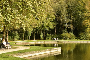 Promenade et détente sous le soleil et les feuillage doré des arbres au bord de l'étang...
