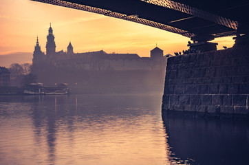 Fototapeta Krakow, Poland, Wawel Castle and Wawel cathedral in the morning over Vistula river obraz
