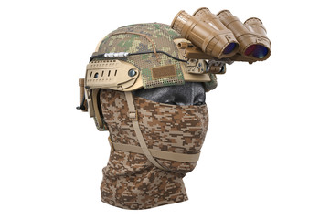Helmet night goggles with dummy camouflage dressing. 3D rendering