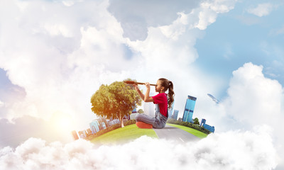 Concept of careless happy childhood with girl looking in future