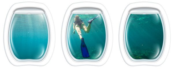 Three porthole frame windows of underwater submarine ship on young female snorkeling in tropical sea. Woman apnea swims in coral reef with sunbeams.