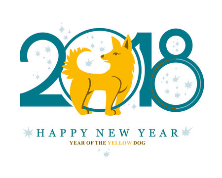 Simple card with a Yellow Dog in circle. New Year's design. 2018