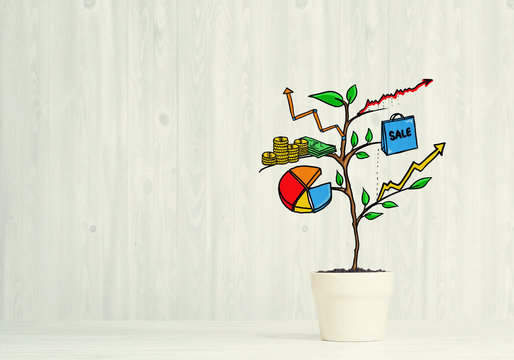 Drawn income tree in white pot for business investment savings and making money