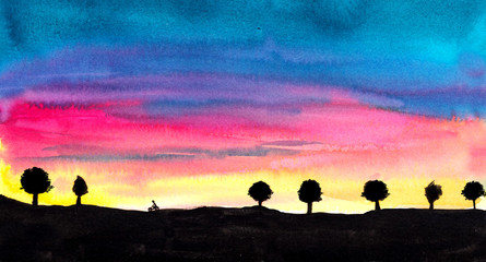 Watercolor sky at dusk silhouette