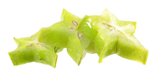 Fototapeta premium Slices of unripe green carambola or starfruit isolated on white background
