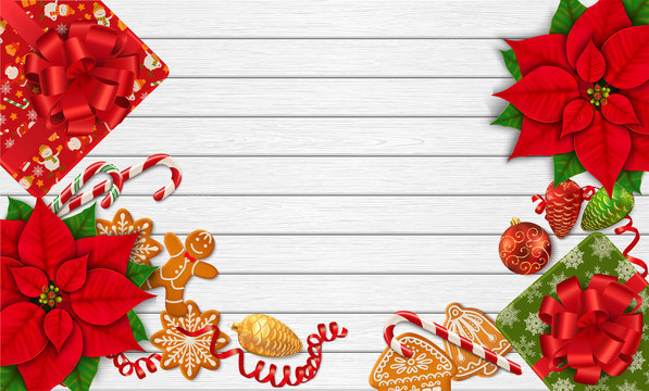 Horizontal Christmas background with place for text. Poinsettia, gingerbread cookies, candy canes, Christmas ornaments and gift boxes on the white wooden table. Top view. Vector