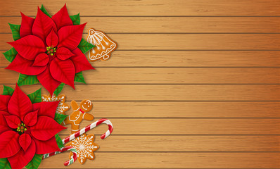 Horizontal Christmas banner with place for text. Poinsettias, gingerbread cookies and candy canes on the wooden background. Top view. Vector