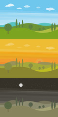 Set of three vector flat landscapes with green hills and trees and clouds in the sky in three different times of day