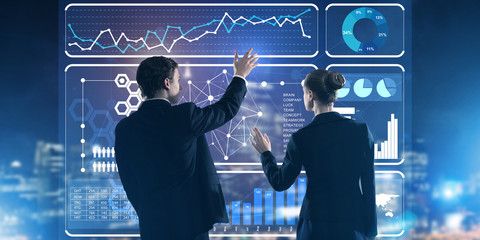 Concept of partnership and cooperation with people using virtual interface