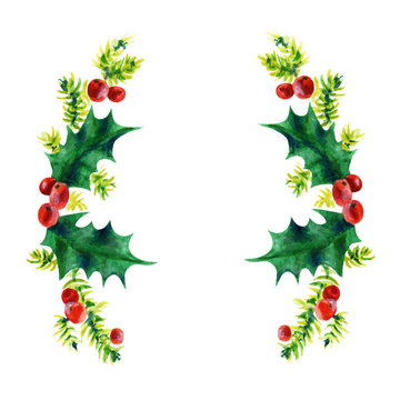Christmas branches. Holly leaves and red berries. Watercolor illustration isolated on white background. Hand painted. 