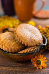 Autumn dessert, stuffed cookies on the wooden table, Thanksgiving food concept