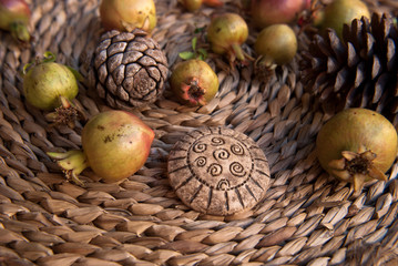 Tribal african brooch with small grenades in pastel tone. Handmade jewelry of polymer clay....