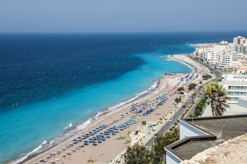 view of the beach of the city of Rhodes and the Aegean sea, Greece
