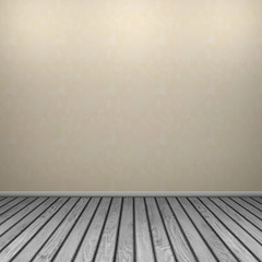 3d interior rendering of beige wall and gray wooden boards floor