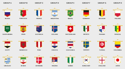 Sammlung von Wimpeln mit National-Flaggen von 32 Ländern