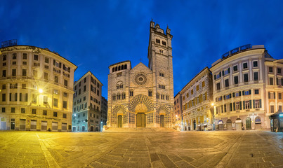 Cathedral of Genoa at dusk. Panoramic view from  Piazza San Lorenzo square in Genoa, Liguria, Italy